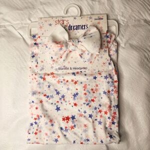 Baby Blanket and Headwrap White Red Blue Stars 30" x 40" 2 Pc Baby Gift Set NWT
